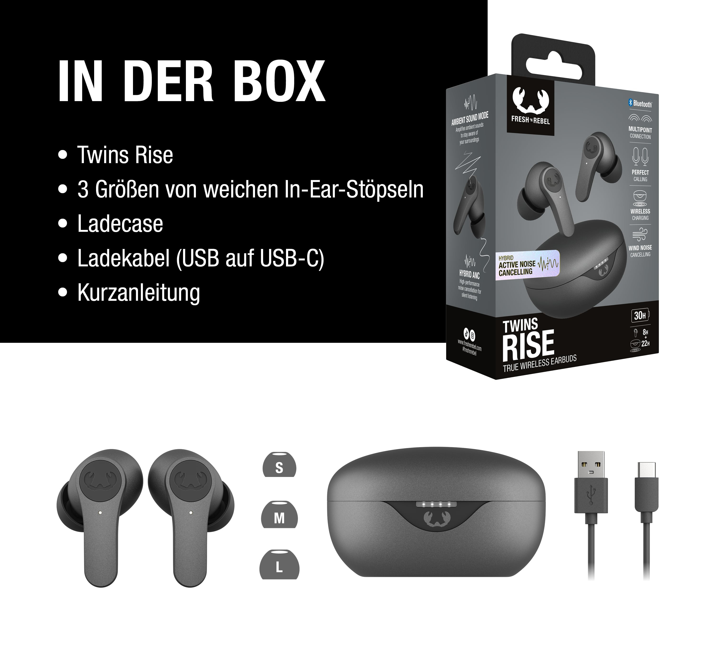 Der Lieferumfang der Fresh 'n Rebel Twins Rise Kopfhörer wird gezeigt.