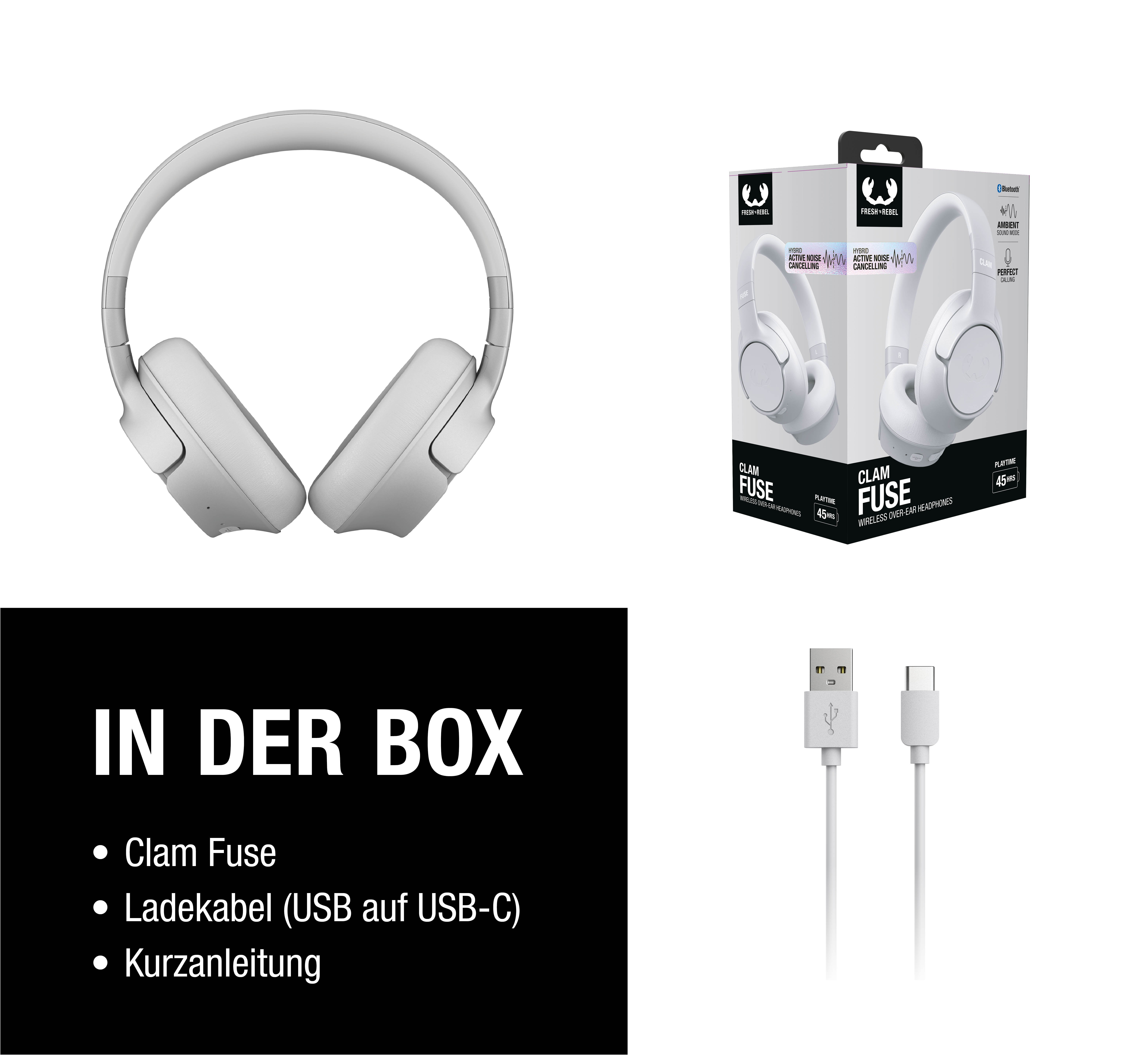Weiße Kopfhörer mit Verpackung und Ladekabel. Enthält "In der Box" Liste.