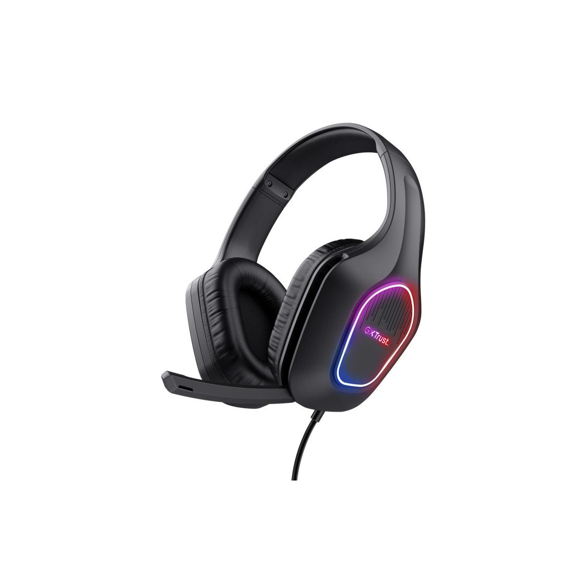 Zwarte gaming headset met microfoon en blauw-rode LED-verlichting.