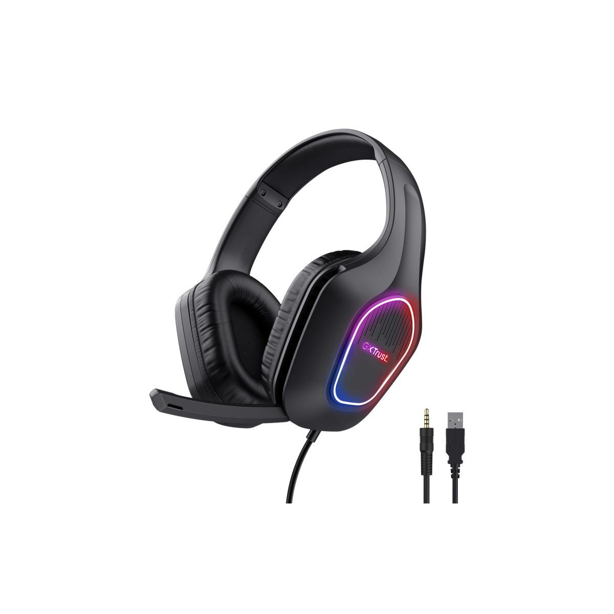 Zwarte gaming headset met microfoon en RGB-verlichting, met kabels.