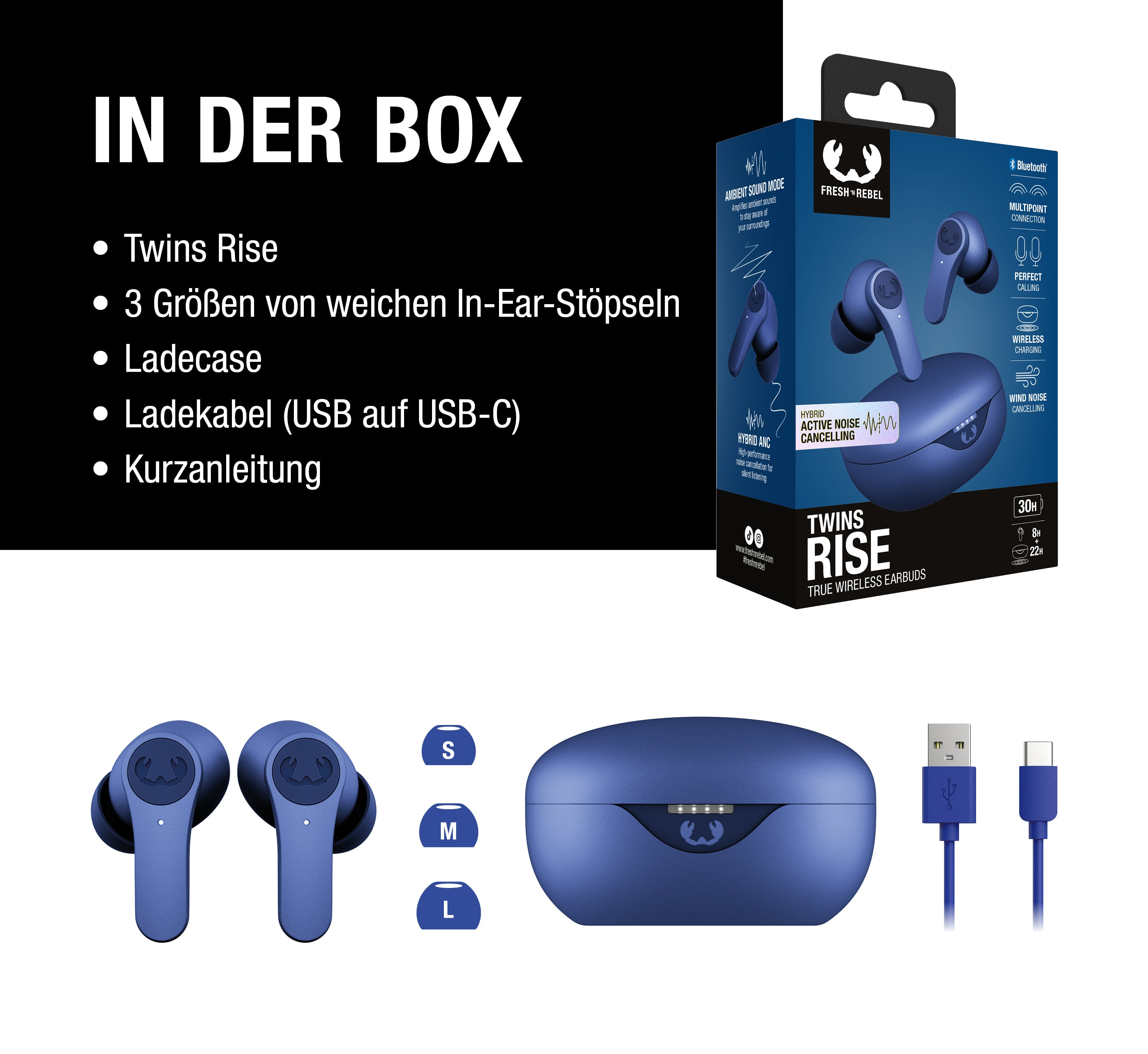 Das Bild zeigt den Inhalt der "In der Box"-Verpackung: blaue True Wireless Earbuds mit Ladecase, Ladekabel und Anleitung.