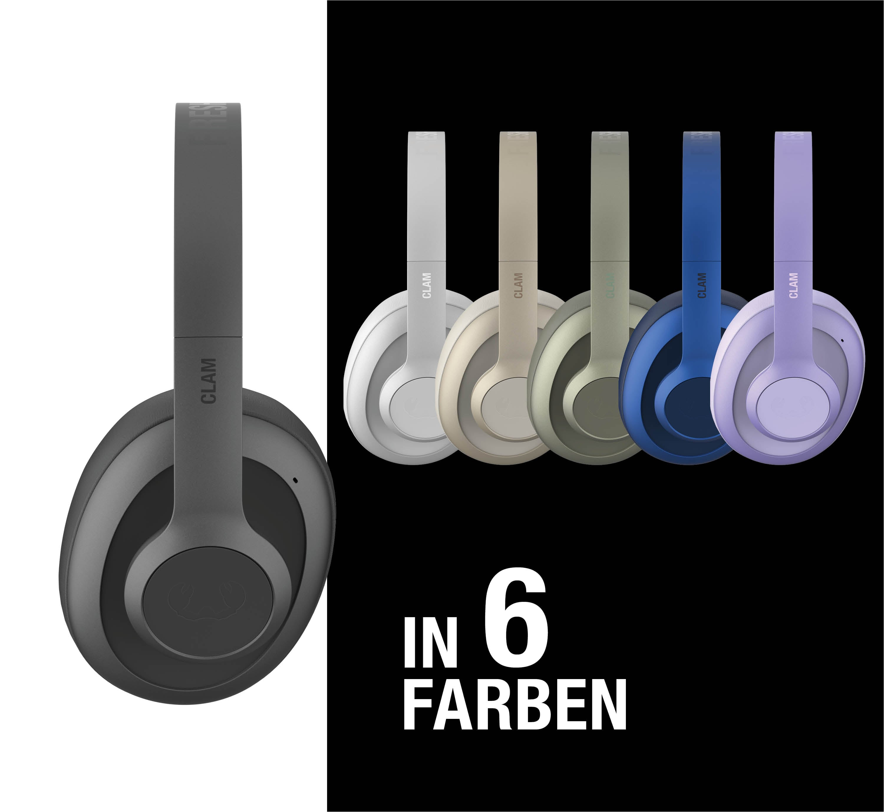 Ein grauer Kopfhörer links, daneben fünf farbige Kopfhörer.