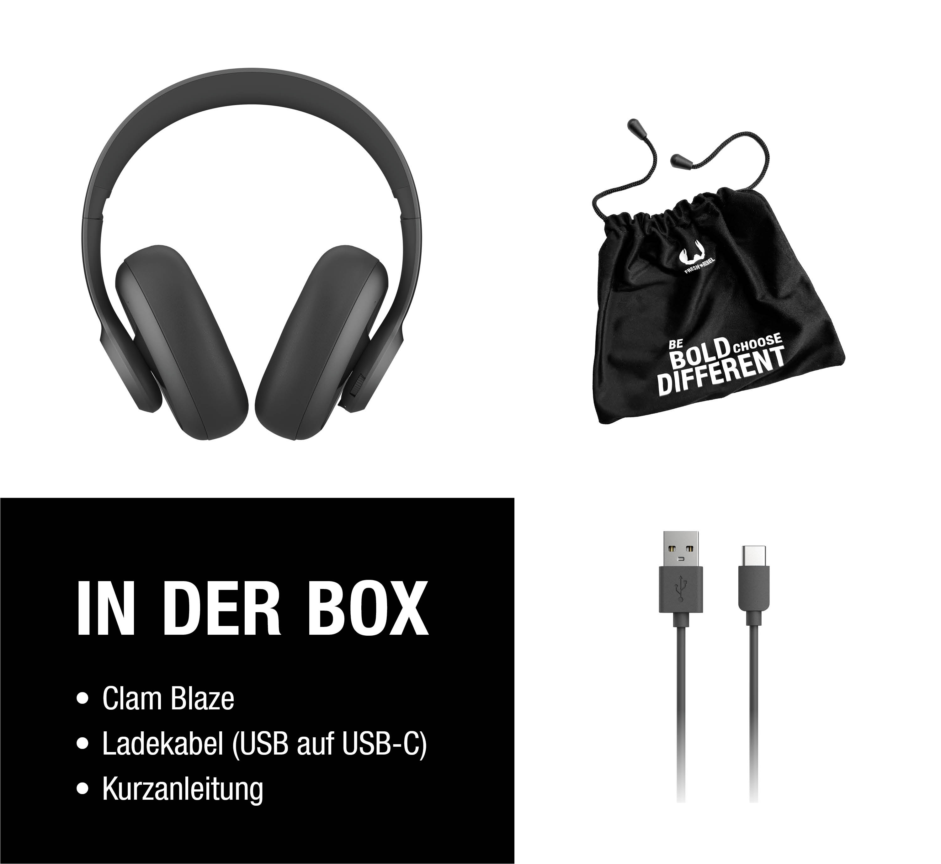 Schwarze Kopfhörer, Tasche und Kabel auf weißem Hintergrund.