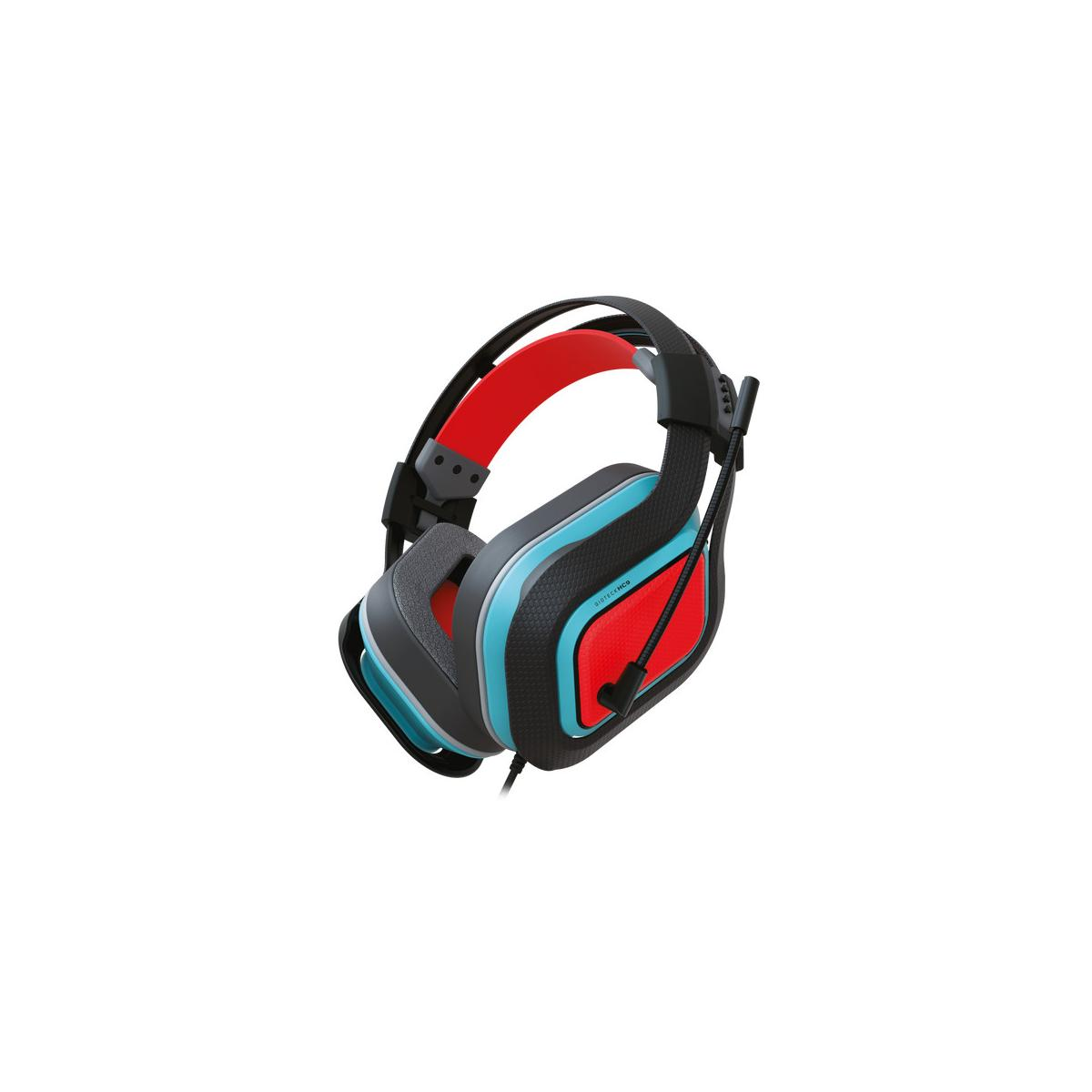 Ein schwarzes und rotes Gaming-Headset mit blauen Akzenten und Mikrofon.