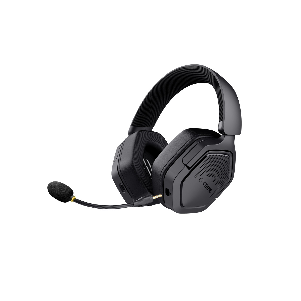 Schwarzes GX Trust Gaming-Headset mit flexiblem Mikrofon und texturierten Ohrmuscheln.