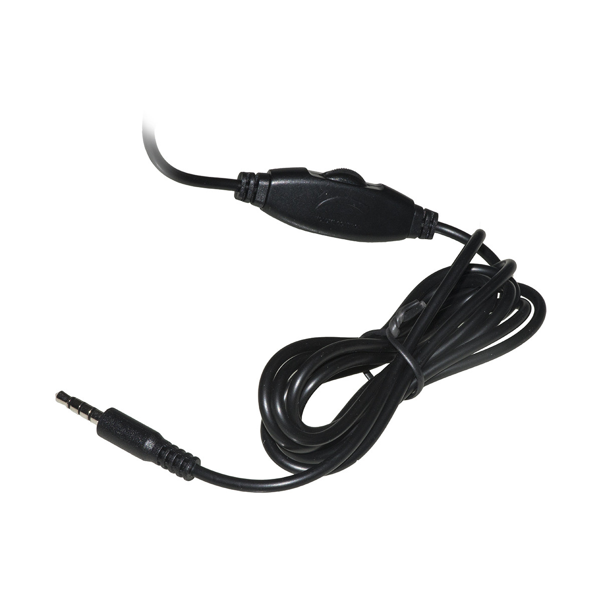 Ein schwarzes Audiokabel mit 3,5-mm-Stecker und Lautstärkeregler.