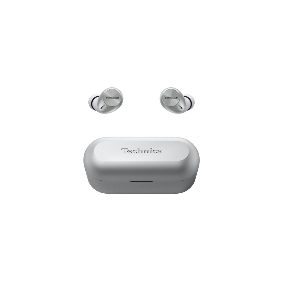 Silberne Technics-Ohrhörer mit Ladecase auf weißem Hintergrund.