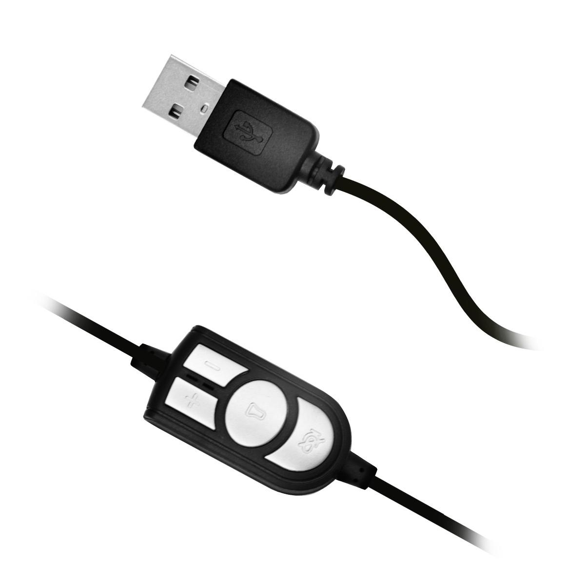 Un conector USB negro y un control remoto en línea para un cable de audio.