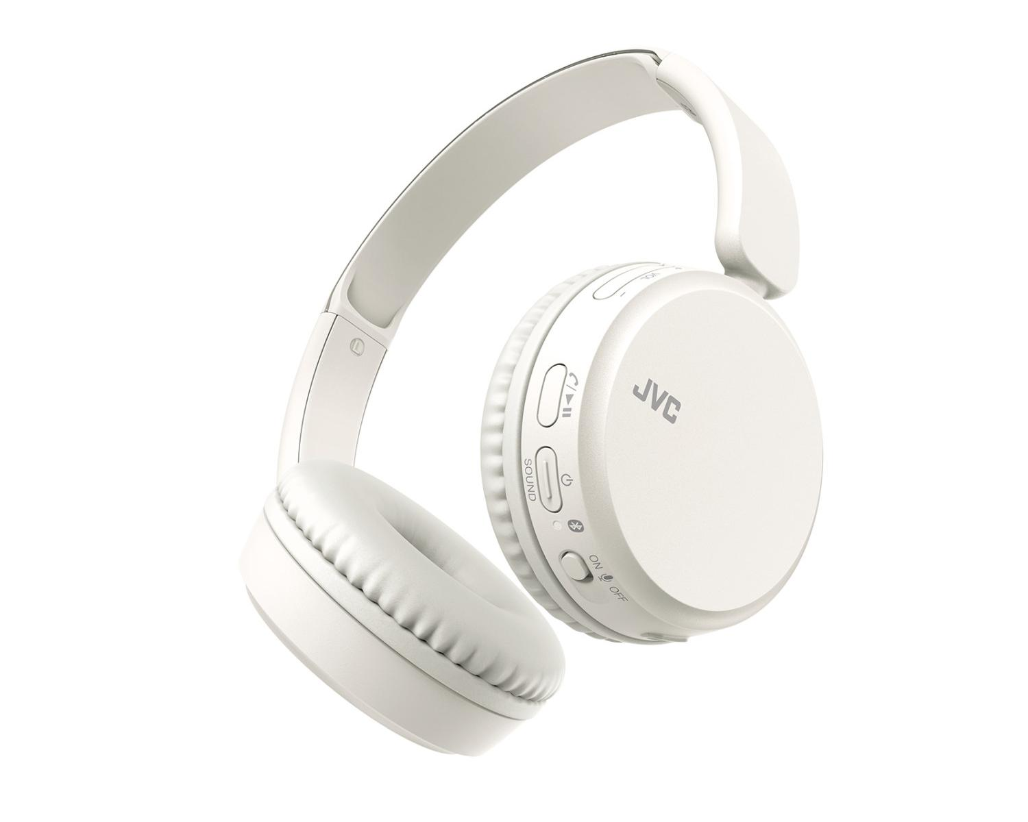 White JVC headphones with padded earcups and control buttons.
