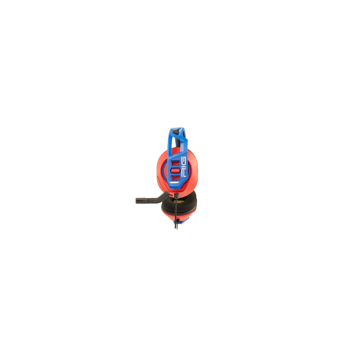 Un auricolare da gaming rosso e blu con microfono.