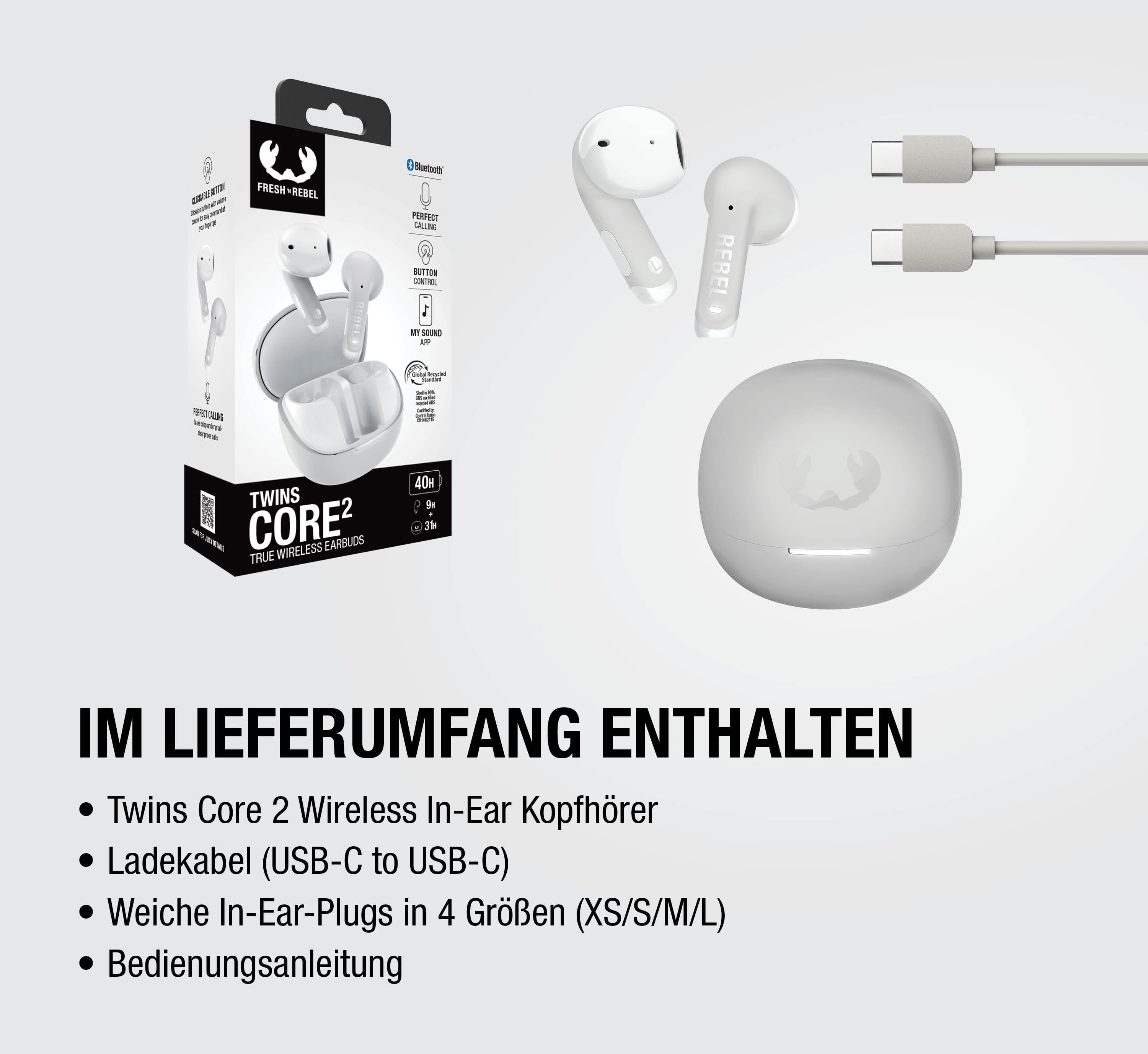 Weiße True Wireless Ohrhörer mit Ladecase und Kabeln.
