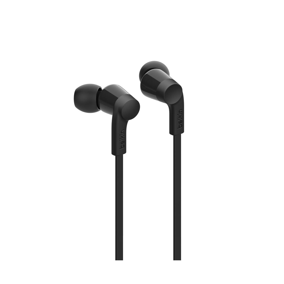 Due auricolari Belkin neri con cavi su sfondo bianco.