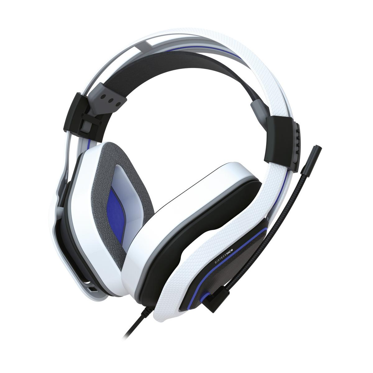 Cuffie bianche da gaming con microfono, accenti blu e padiglioni imbottiti.