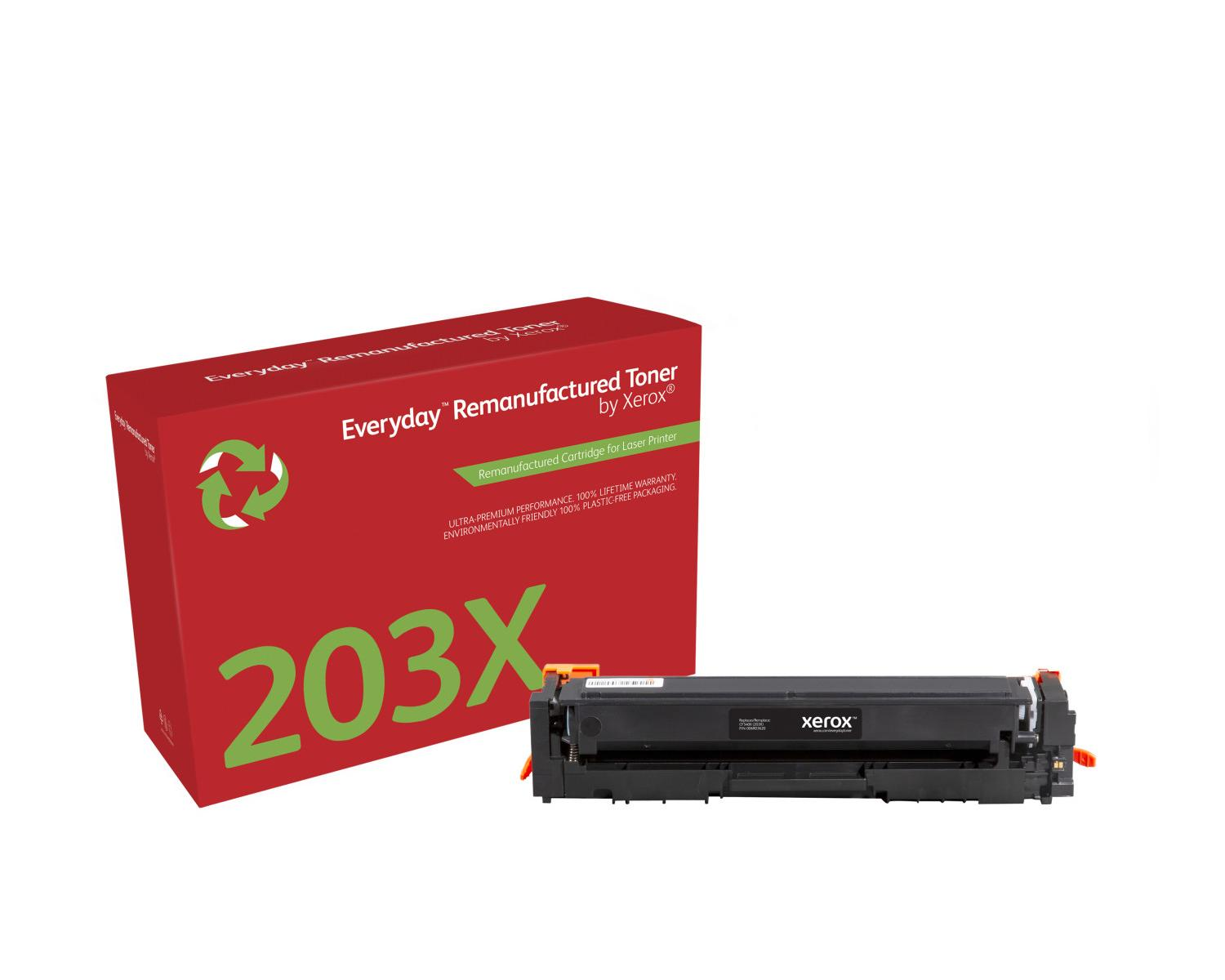 Czerwone pudełko na wkład tonera Xerox 203X z symbolem recyklingu i wkładem obok.
