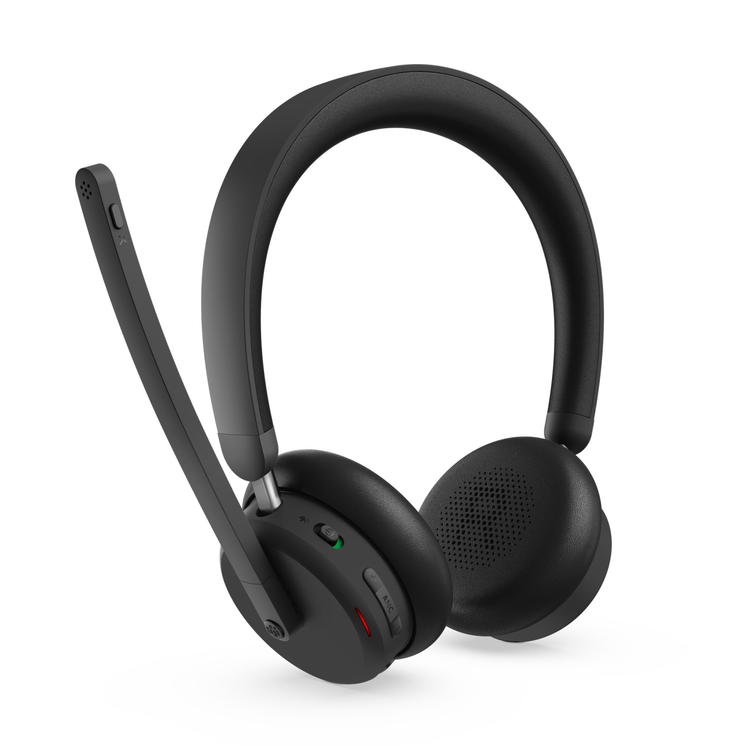 Black over-ear headphones with a microphone boom, on a white background.