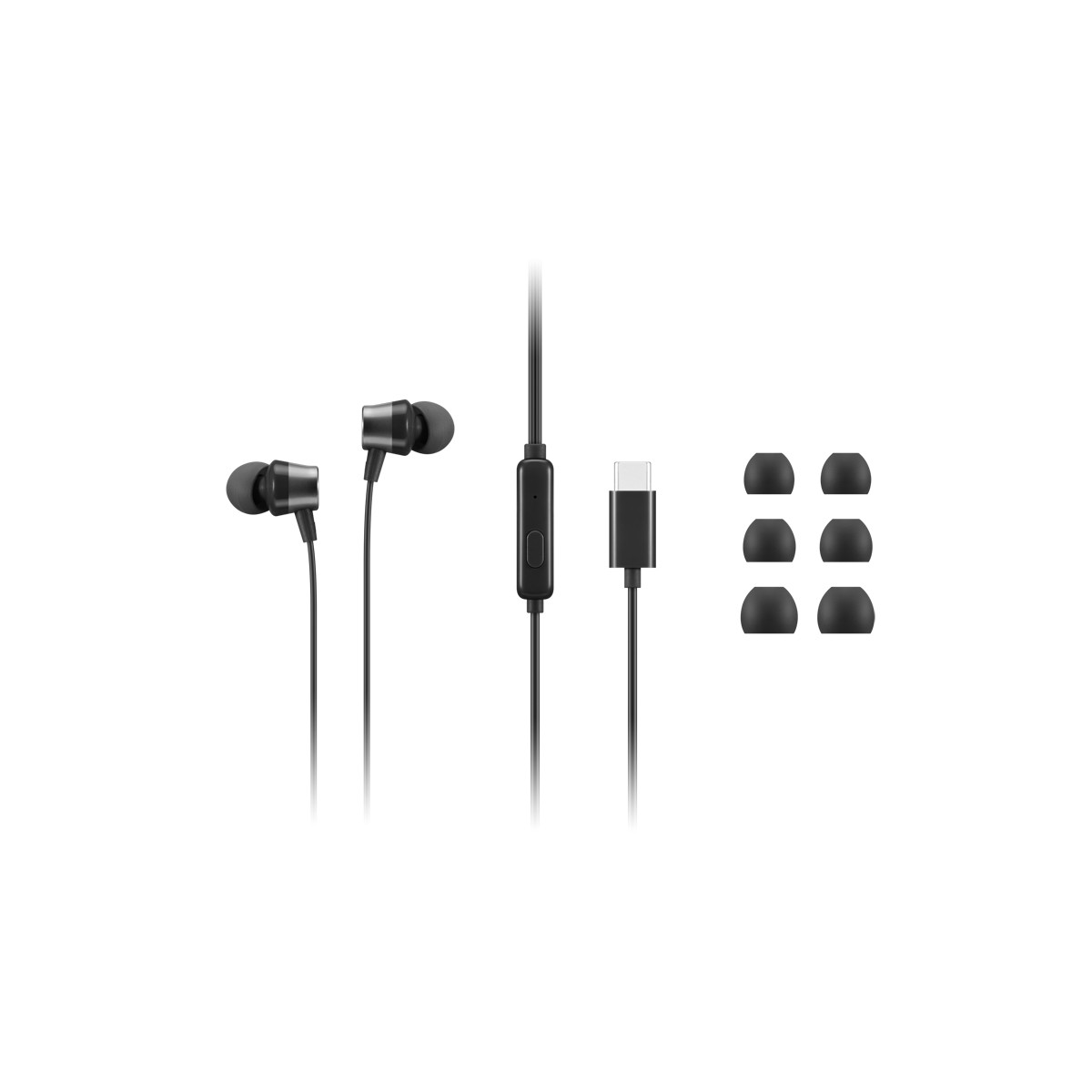 Schwarze In-Ear-Kopfhörer mit USB-C-Anschluss, Bedienelement und Ersatzaufsätzen.