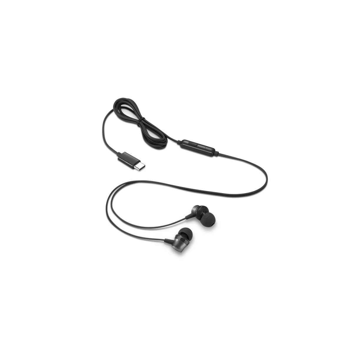 Schwarze Kopfhörer mit USB-C-Anschluss und Inline-Fernbedienung.