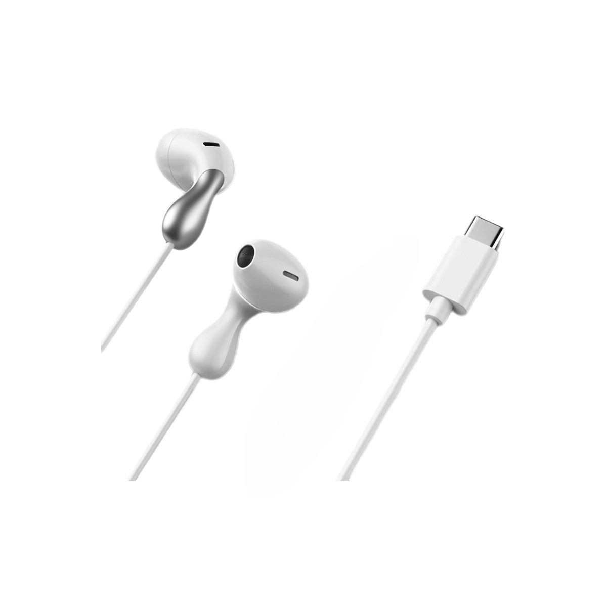 White earphones with a USB-C connector on a white background.