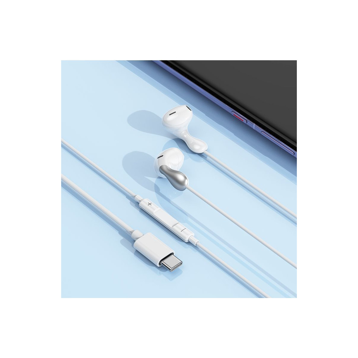 White earphones with USB-C connector and volume controls on a blue background.