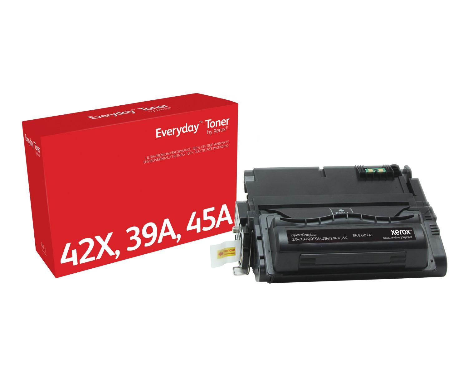 Una cartuccia toner Xerox nera e una scatola rossa con etichetta 42X, 39A, 45A.