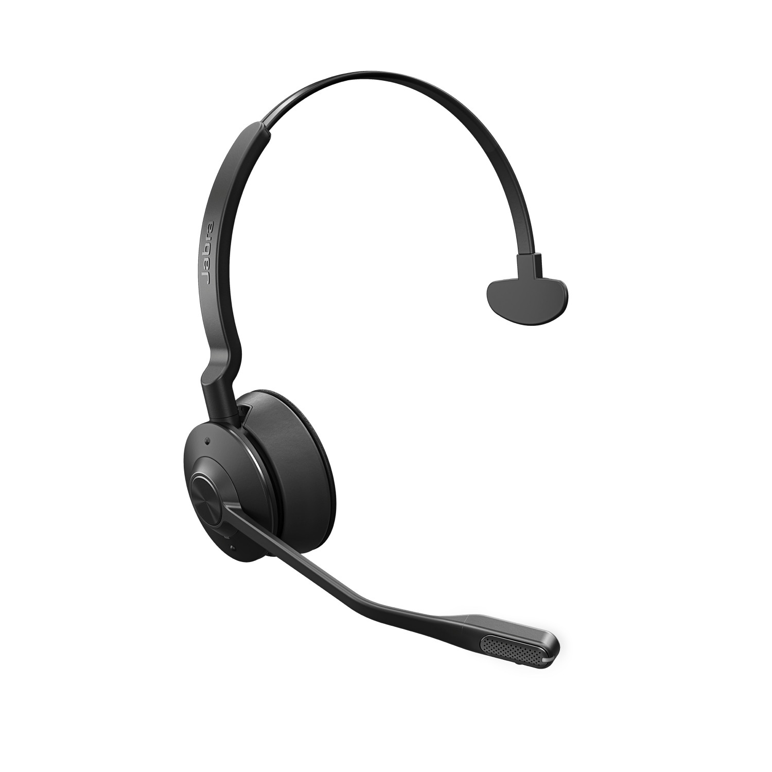 Mikrofonlu siyah Jabra kulaklık, beyaz zeminde izole edilmiş.