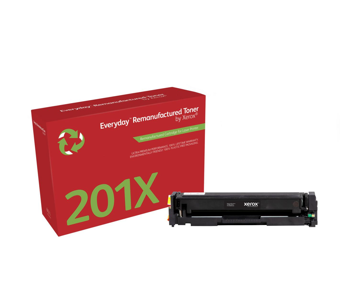 Czerwone pudełko z "201X" i tonerem. "Everyday Remanufactured Toner by Xerox".
