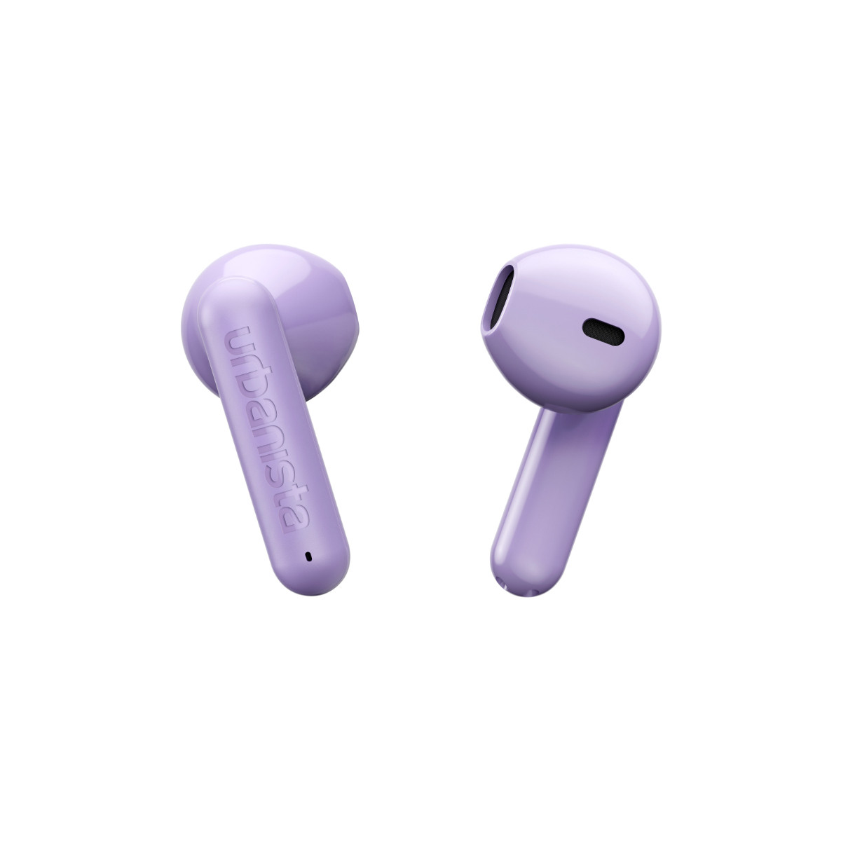 Due auricolari lavanda uno accanto all'altro su sfondo bianco.