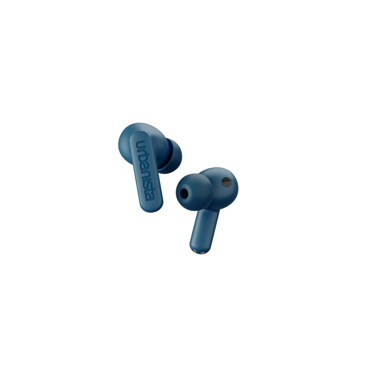 Due auricolari wireless blu scuro con logo 'urbanista'.