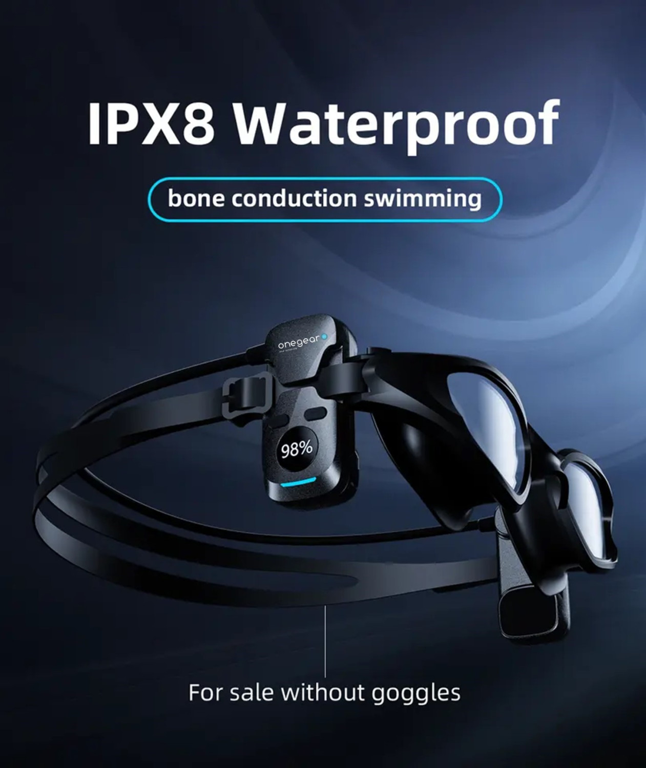 Cuffie nere a conduzione ossea per nuoto, batteria 98%, impermeabili IPX8.