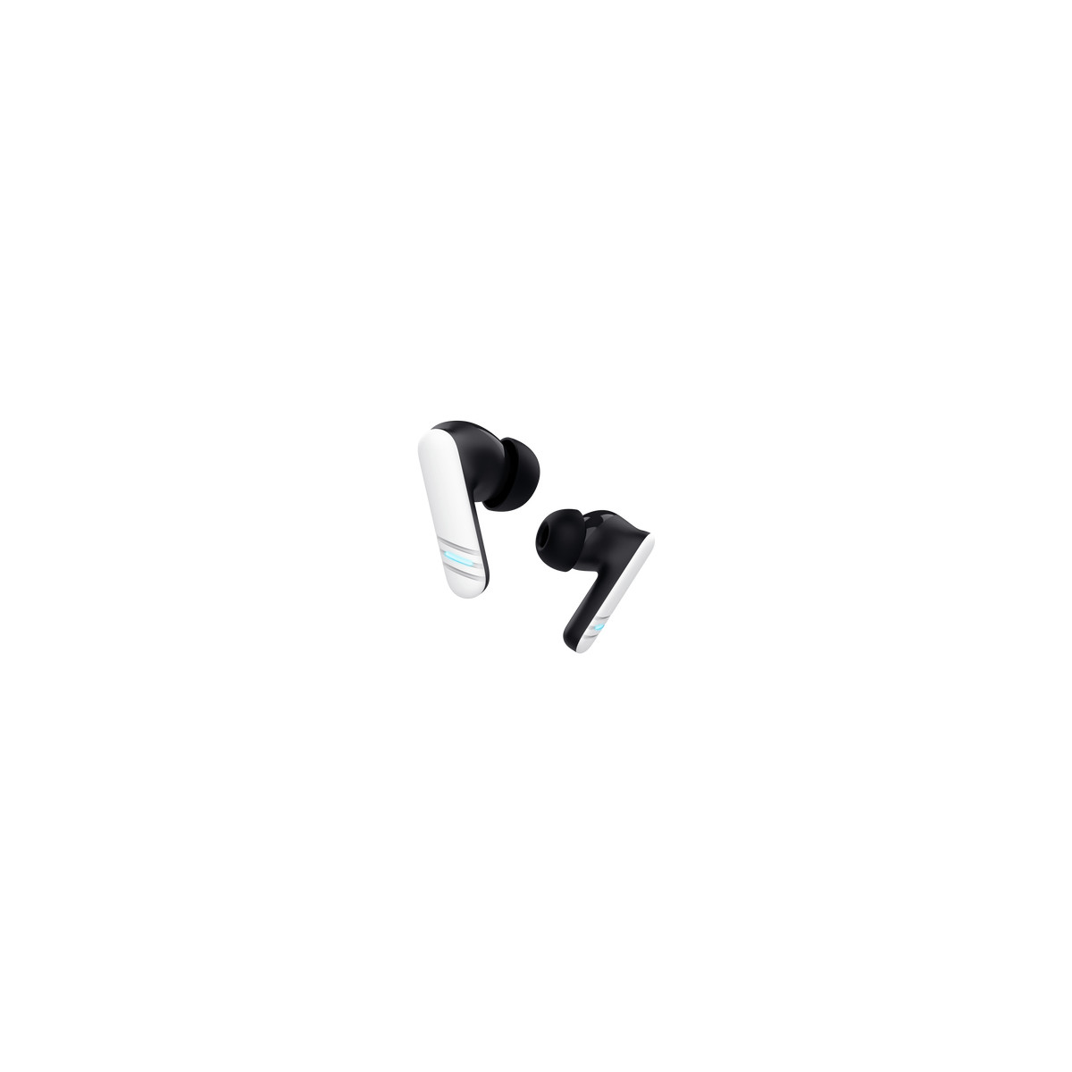Due auricolari wireless bianchi e neri con accenti blu su sfondo bianco.
