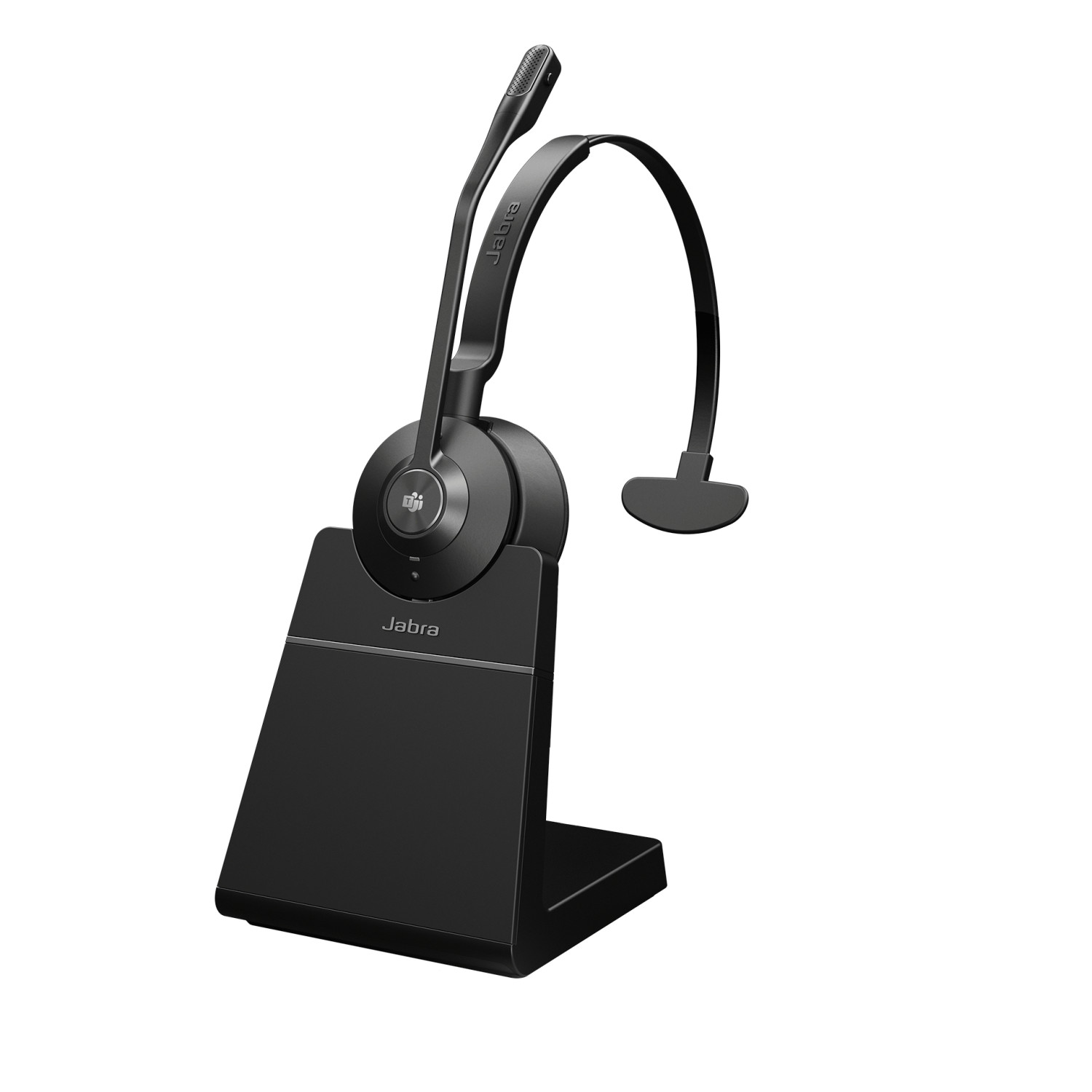 Ein schwarzes Jabra-Headset mit Mikrofon auf einer Ladestation.