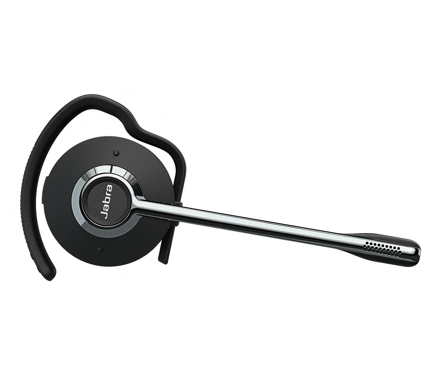 Un auricolare Jabra nero con accenti argentati, su sfondo bianco.