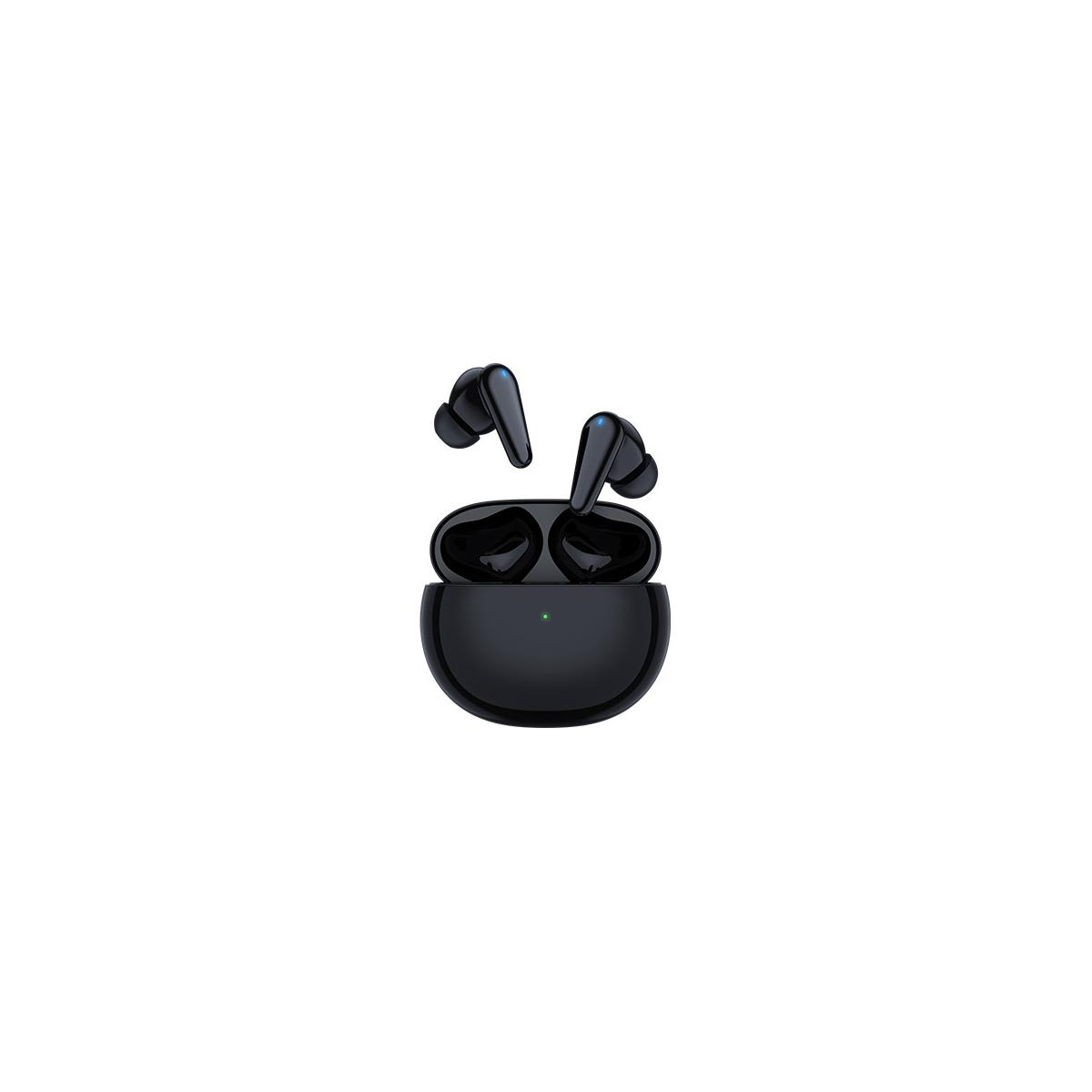 Auricolari wireless neri con custodia di ricarica e luce blu.
