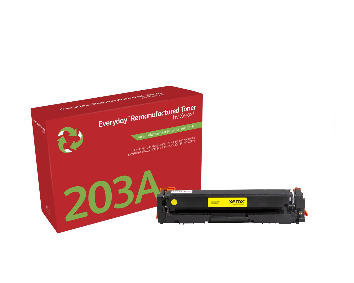 Scatola rossa con toner Xerox 203A e una cartuccia toner gialla accanto.