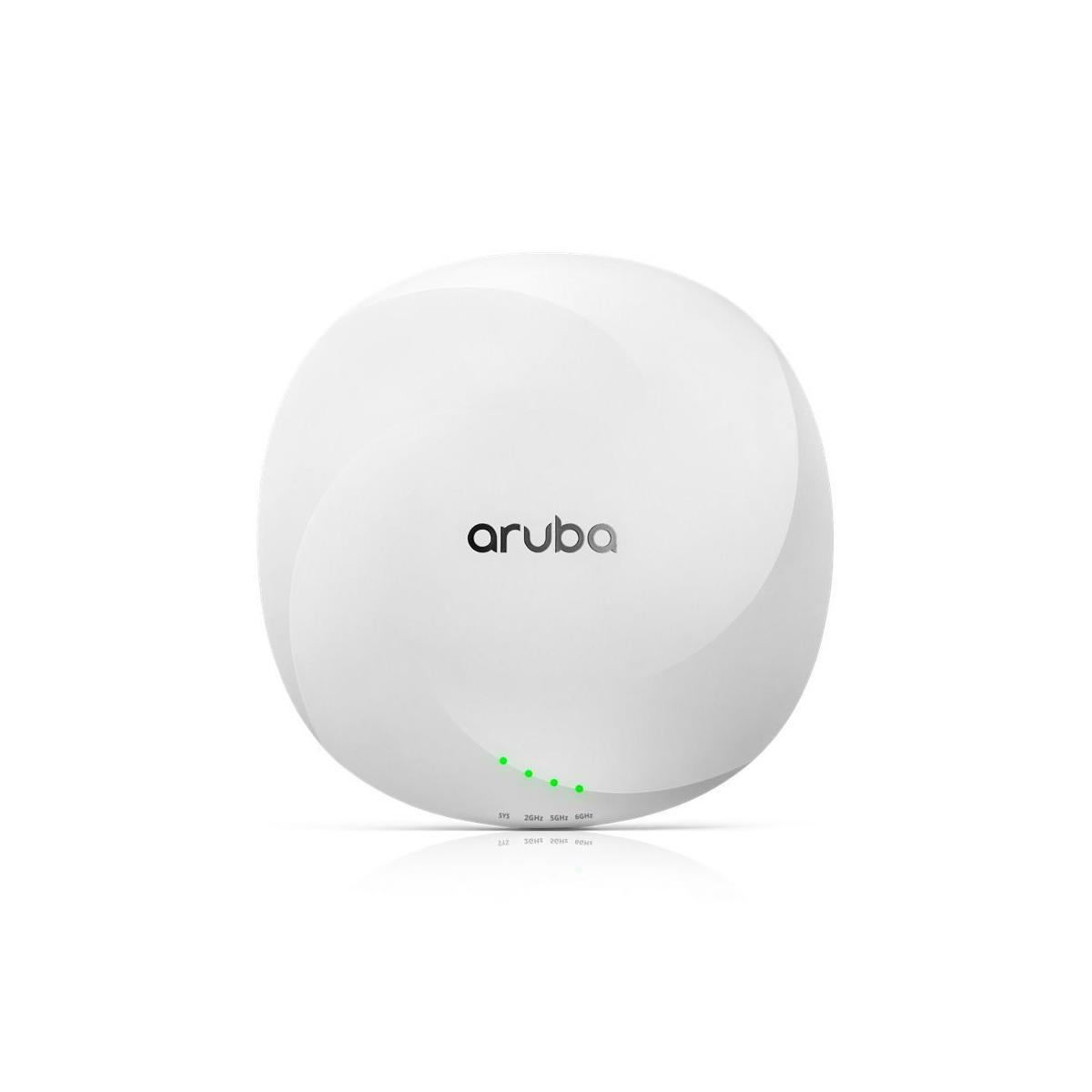 Een witte Aruba access point met groene LED's en logo.