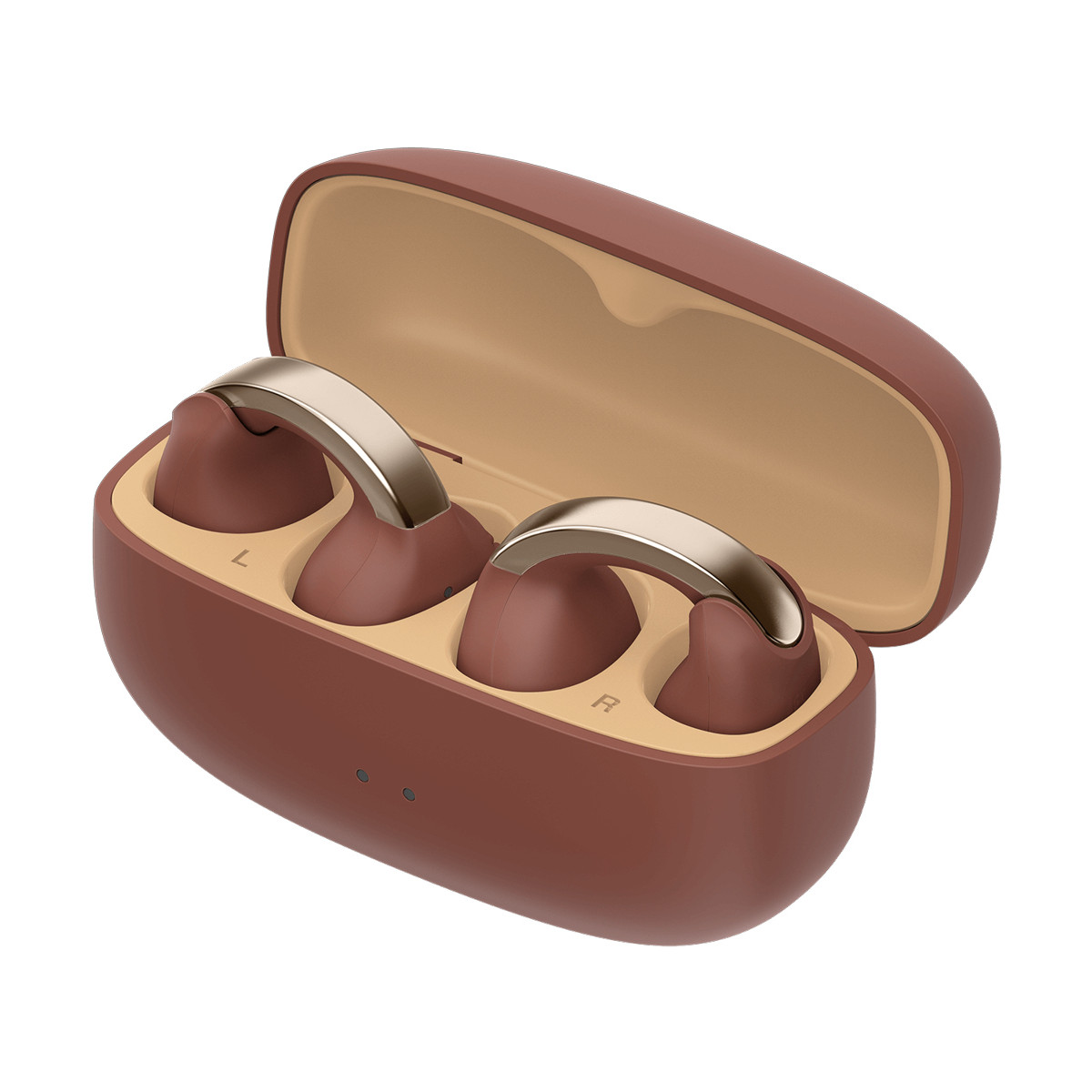 Écouteurs marron avec accents dorés dans un étui de chargement marron ouvert.