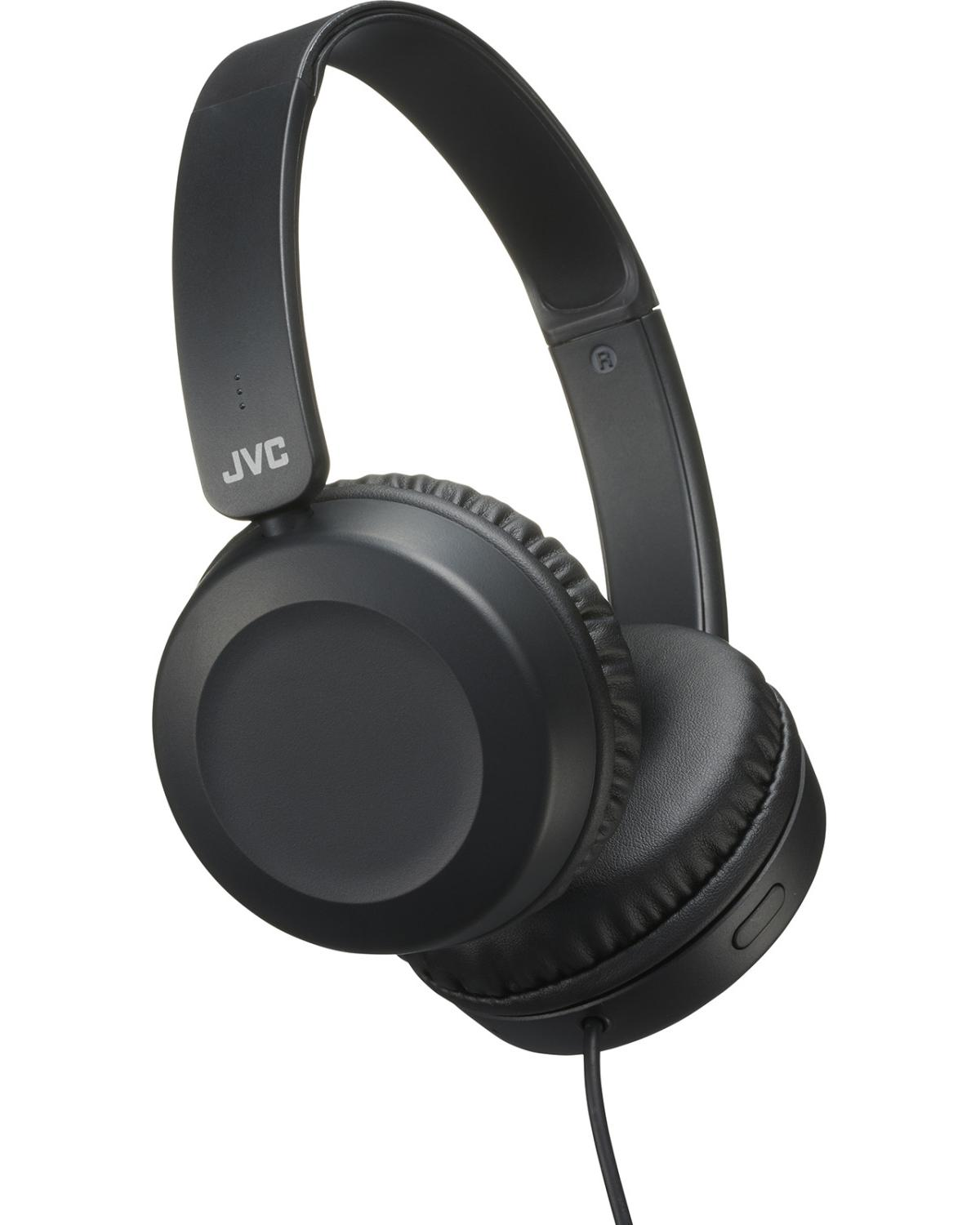 Schwarze JVC-Kopfhörer mit gepolsterten Ohrmuscheln und verstellbarem Kopfbügel.