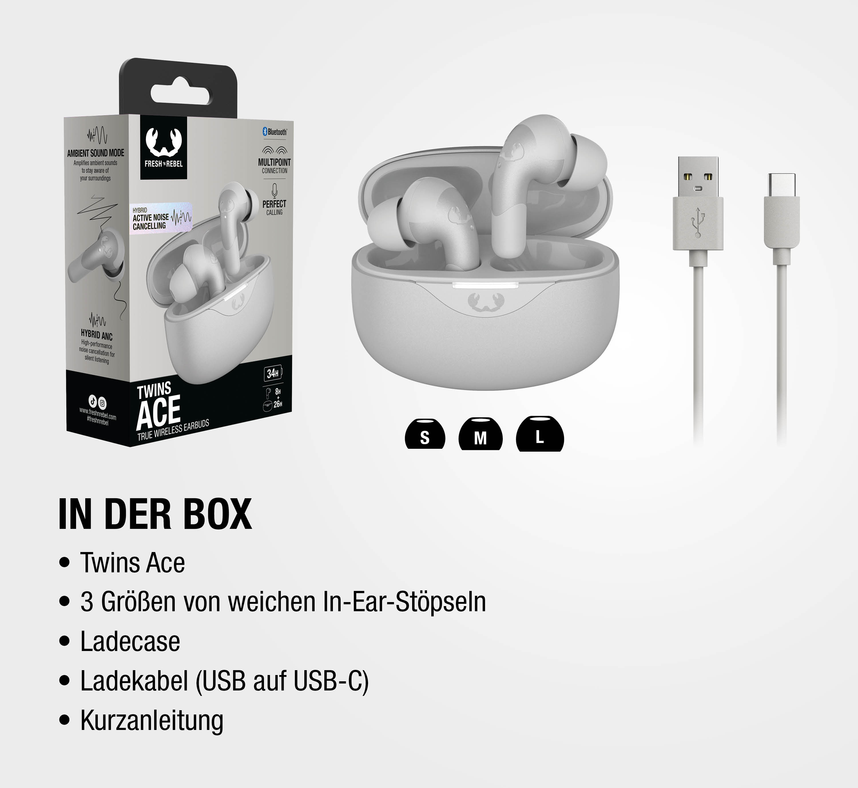 Weiße Fresh 'n Rebel Twins Ace True Wireless Earbuds mit Ladecase und Kabeln.