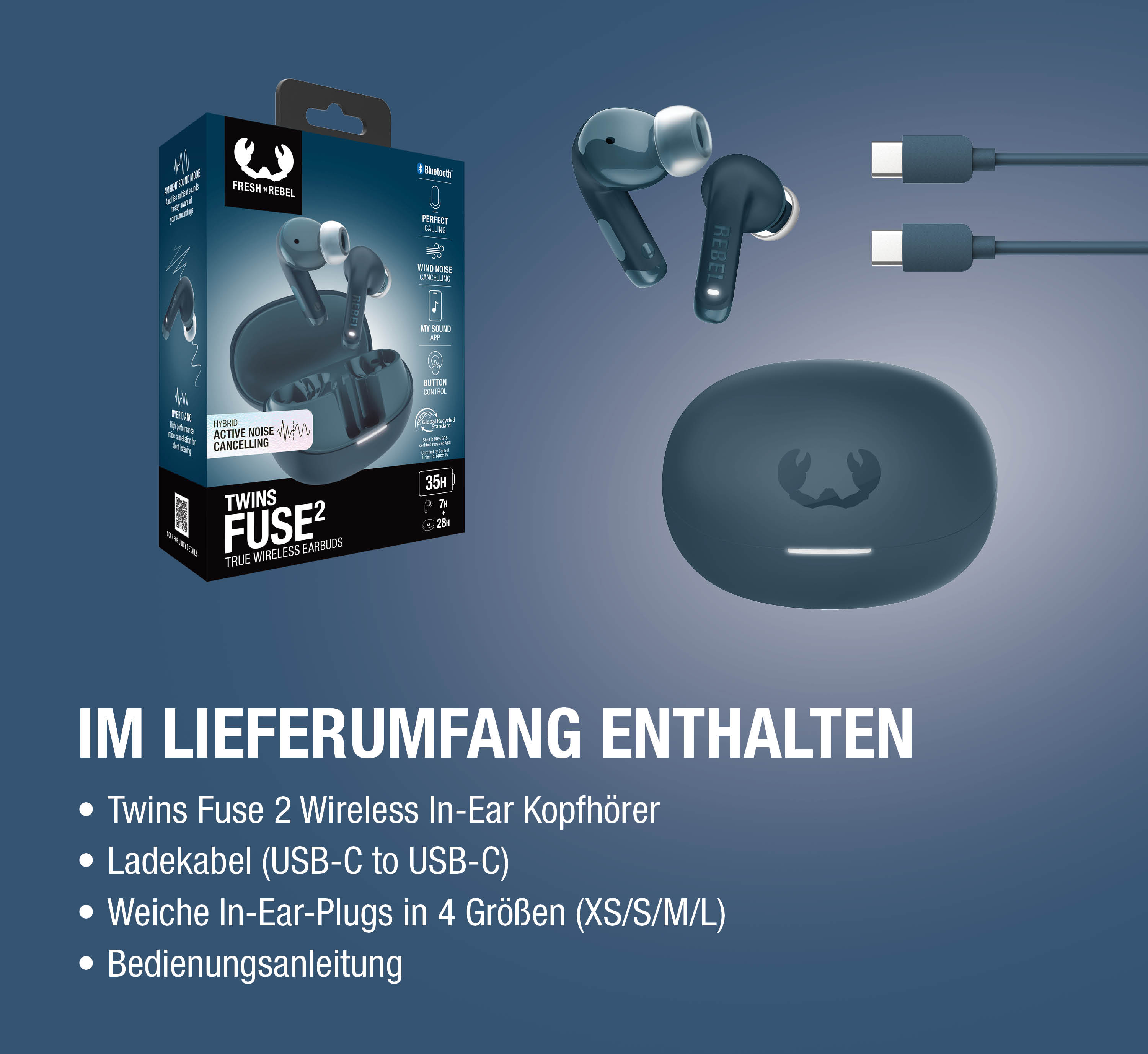 Blaue True Wireless Kopfhörer mit Ladecase und Kabeln auf blauem Hintergrund.