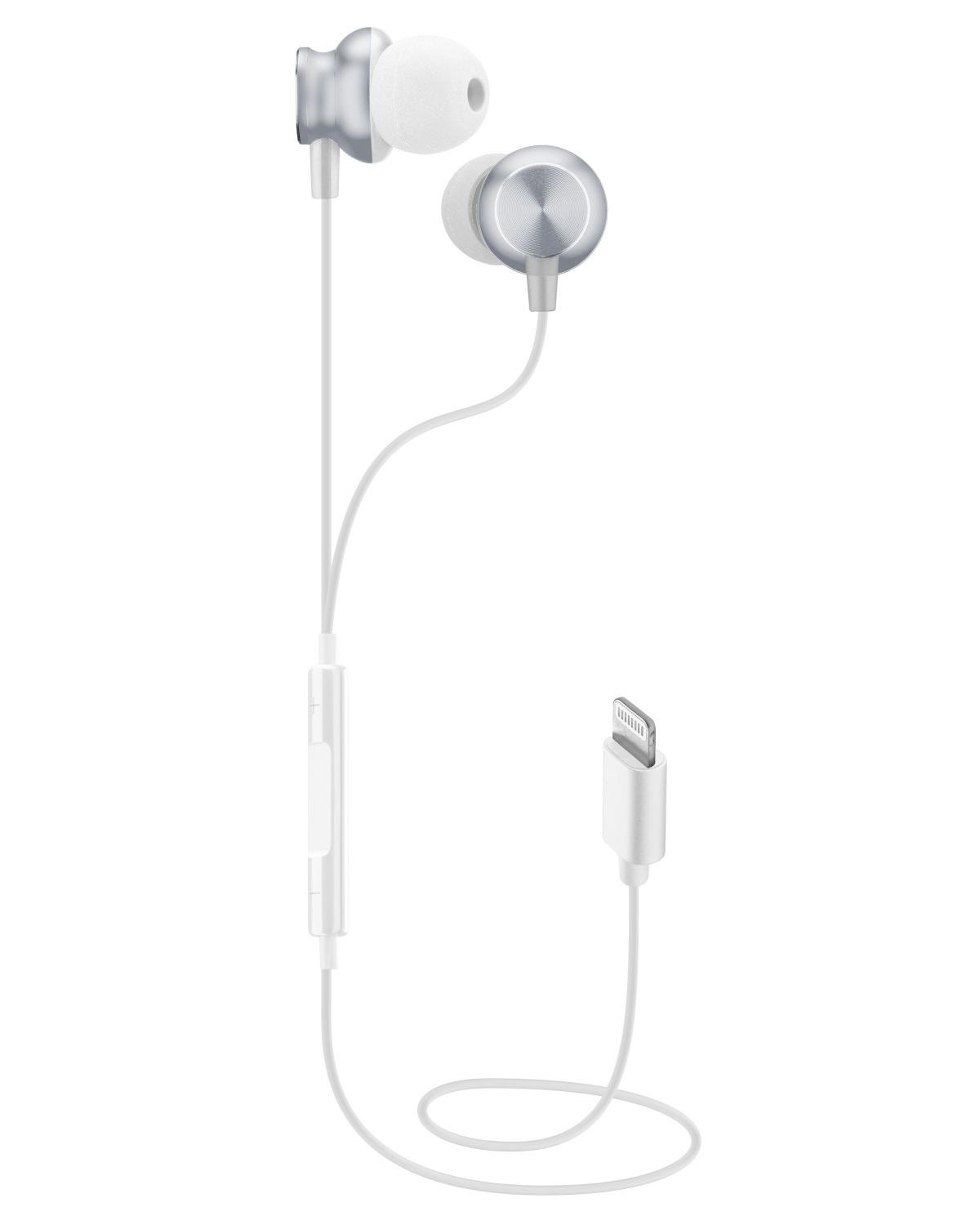 Auriculares blancos con detalles plateados y conector Lightning.