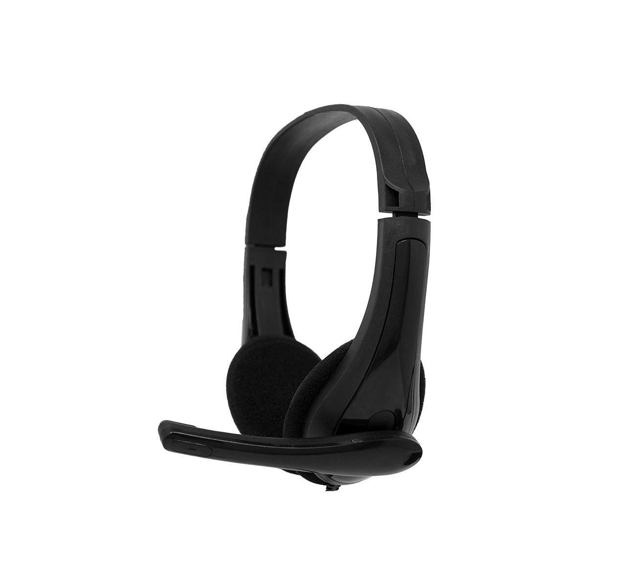 Cuffie nere con microfono su sfondo bianco.