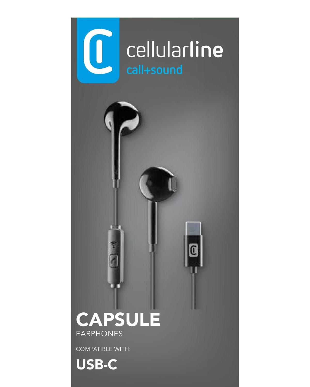 Auriculares Cellularline Capsule con conector USB-C. Negro brillante.