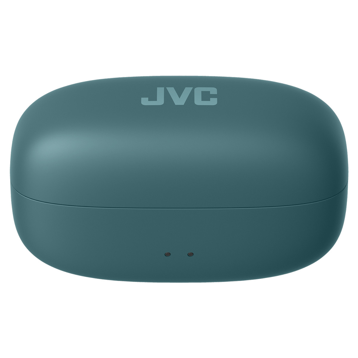 Een teal JVC oordopjeshoes met twee kleine lampjes aan de onderkant.