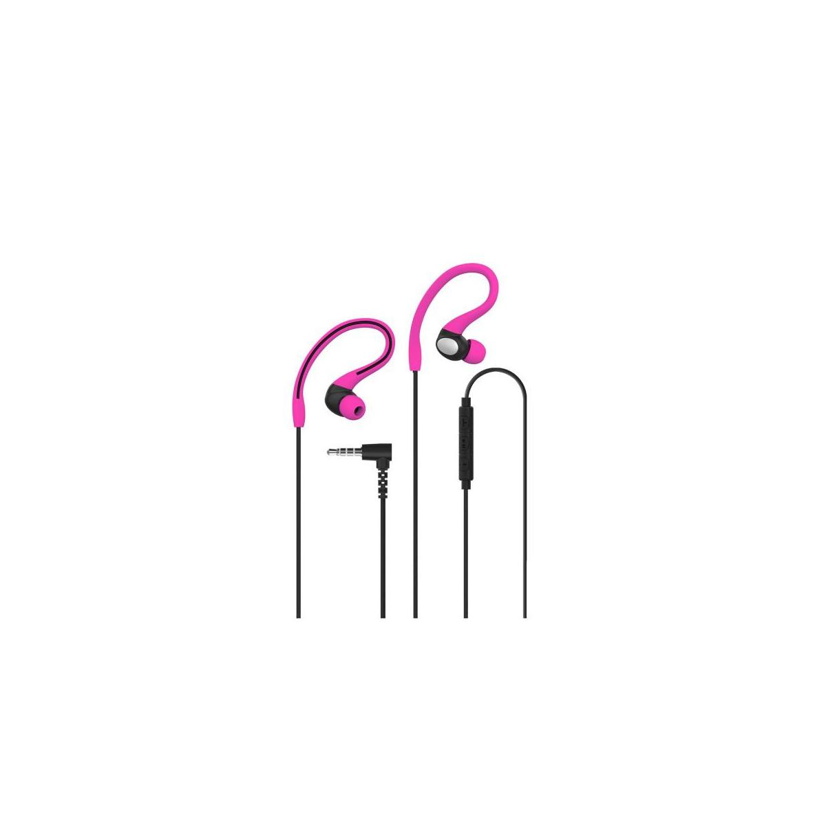 Due auricolari rosa con cavi e jack neri.