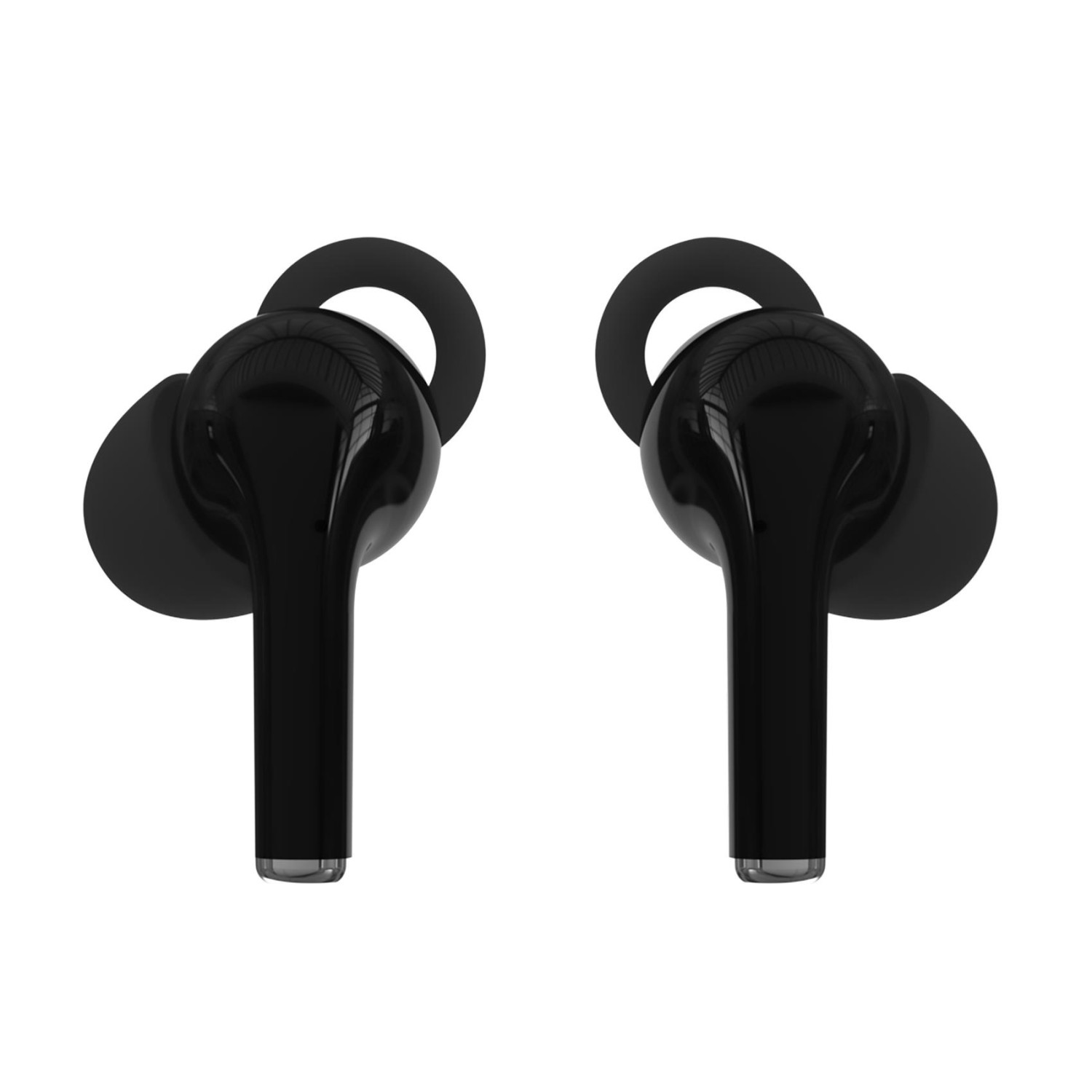 Due auricolari wireless neri lucidi con ganci per le orecchie neri su sfondo bianco.