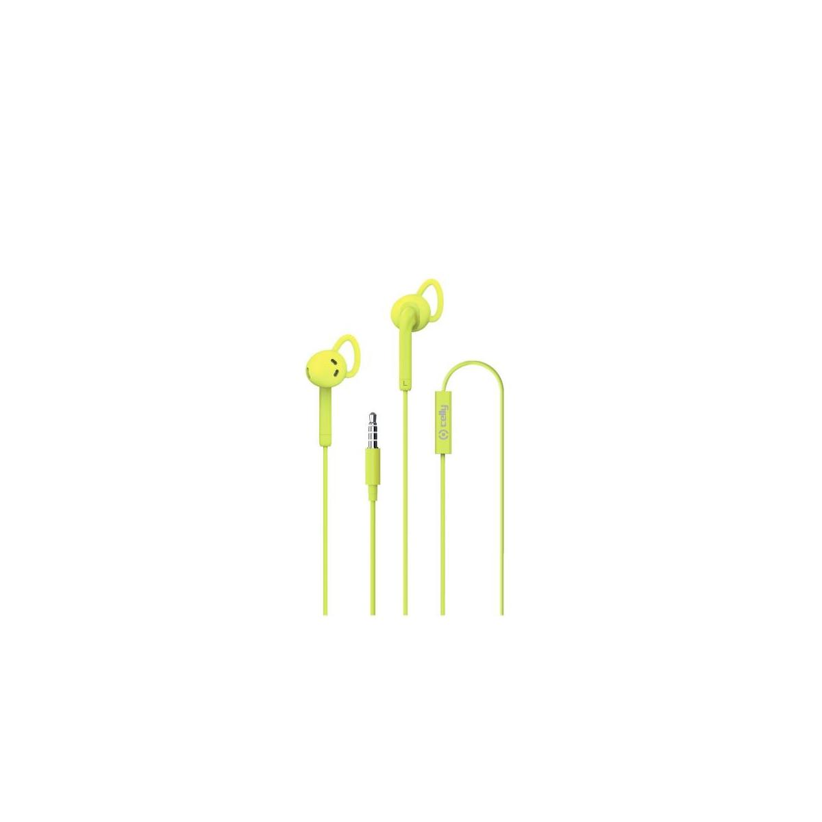 Cuffie gialle in-ear con cavo e spina, su sfondo bianco.