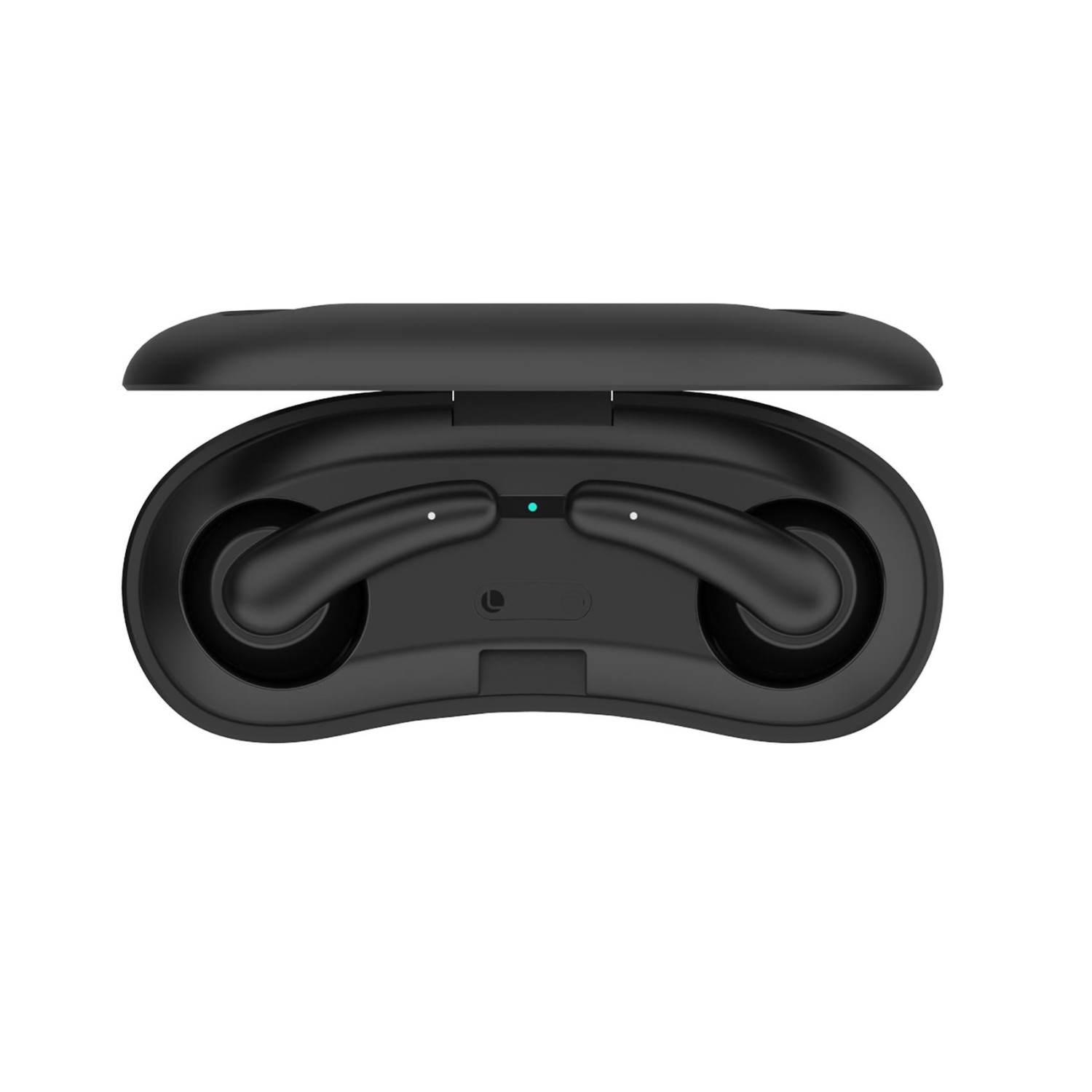 Custodia di ricarica per auricolari wireless neri con coperchio aperto e due auricolari.