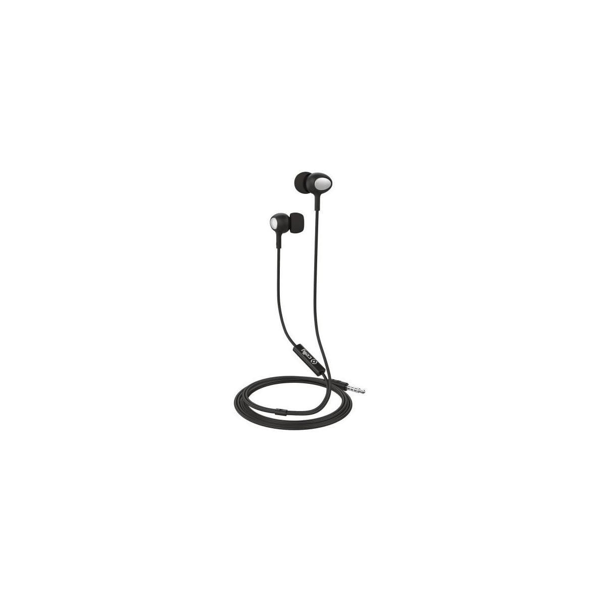 Schwarze In-Ear-Kopfhörer mit Kabel und verdrilltem Stecker.