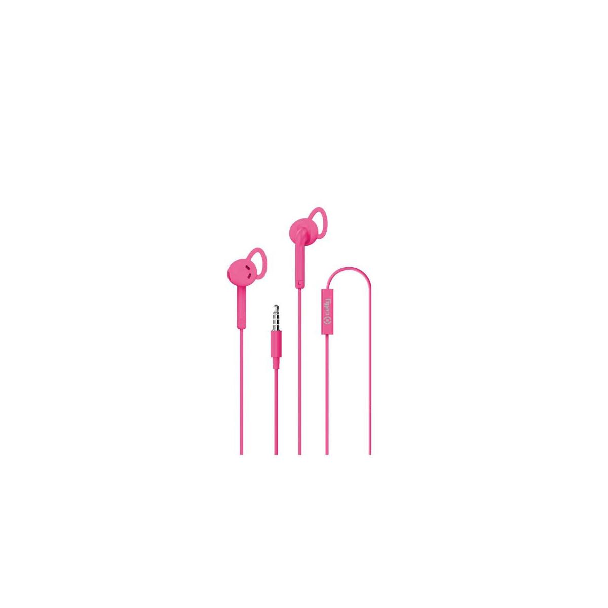 Due auricolari rosa con cavo e spina su sfondo bianco.