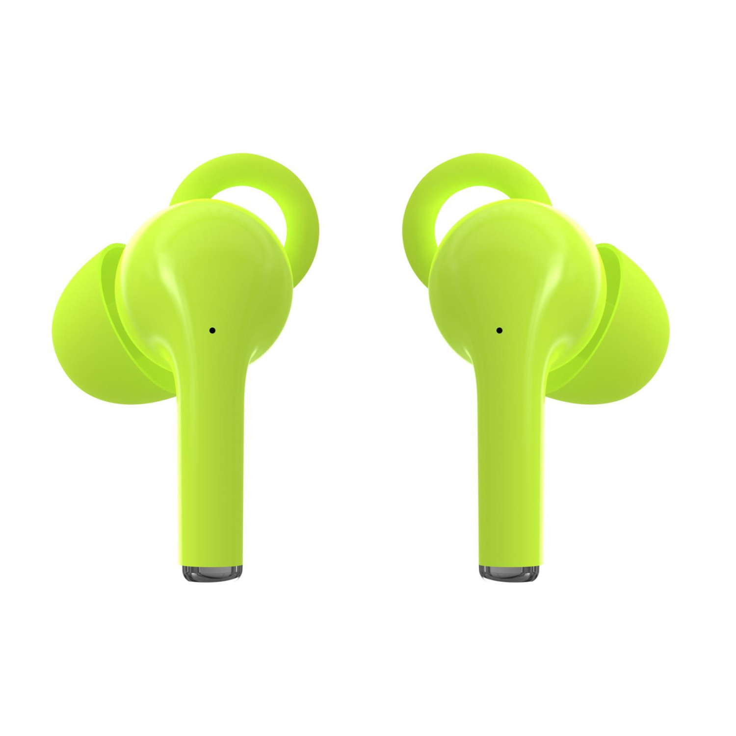 Due auricolari wireless verde brillante con anelli di aggancio su sfondo bianco.